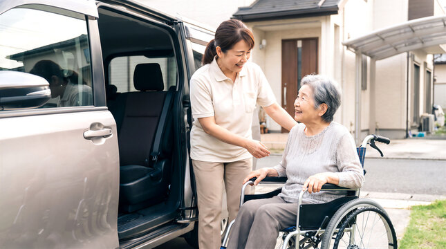 車椅子から車のシートへ移乗するのを手伝うスタッフ