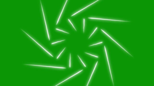 Bright white radial streaks sweep around a central circle and create a fast spinning line blast on green, clean abstract transition element cinematic intros, edits and visual effects. 4k overly vedio