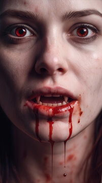Carnivorous desire consuming humanity as red blood drips from sharp fangs in portrait of pale female creature