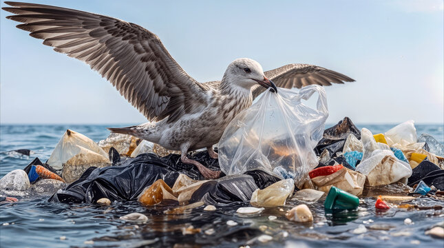 Plastic debris suffocating marine life as seagull eats discarded trash floating in ocean water