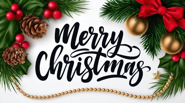 Merry Christmas Greeting Card and Banner Design with Illustration of Festive Elements Flat Lay on White Background.