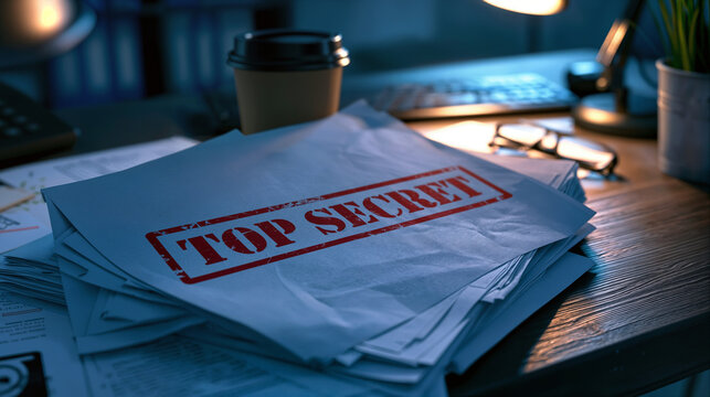 Espionage investigation exposing sensitive data under dim office lighting with classified paperwork