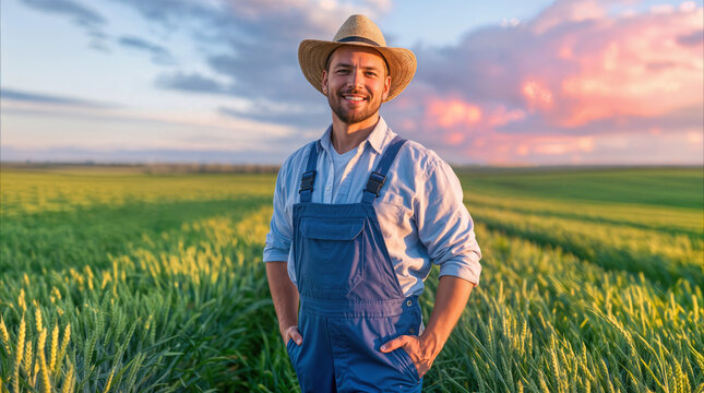 Optimistic young farmer standing proudly in lush wheat field under glowing sunset sky, embodying rural stewardship and agrarian vitality