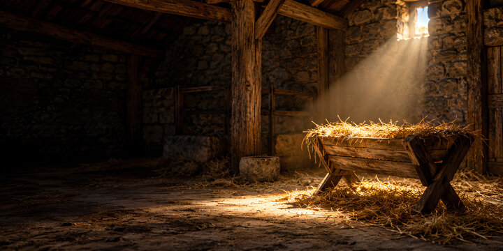 Empty Christmas Manger with Straw Illuminated Inside a Rustic Stable