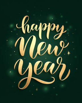 3D Shiny Happy New Year Calligraphy Text Greeting Card and Sticker Design in Golden and Green Color.