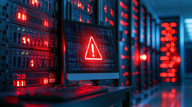 Critical cyber attack alert flashing on computer monitor in data center server room, warning of security breach and system failure