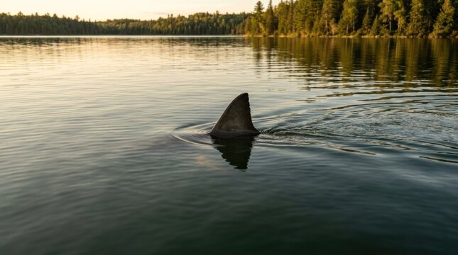 Shark fin protruding from the surface of a calm lake.