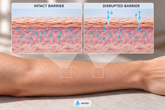 Intact and disrupted skin barriers compared for water retention