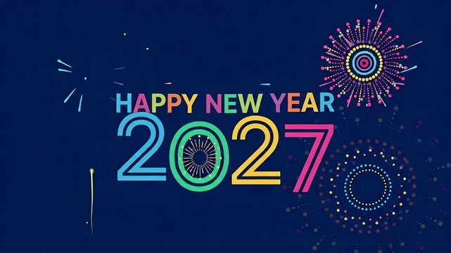 2027 Happy New Year Colorful Typography with Fireworks, Flat Motion Graphic Background

