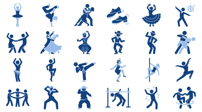 Dance genres flat duotone vector icon set showing ballerina, b-boy, salsa couple, tap shoes, flamenco skirt, disco move, jive partners, ballroom pair, belly dancer, krump and folk circle dance