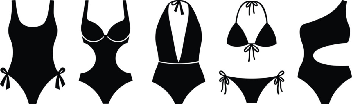 Black silhouette women swimwear bikini one-piece styles set vector illustration