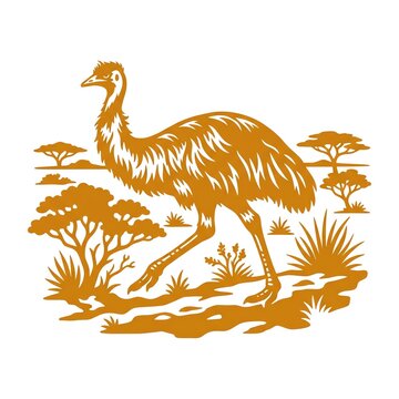 Golden emu silhouette illustration standing in an arid savanna landscape with flat topped acacia trees and sparse desert grass
