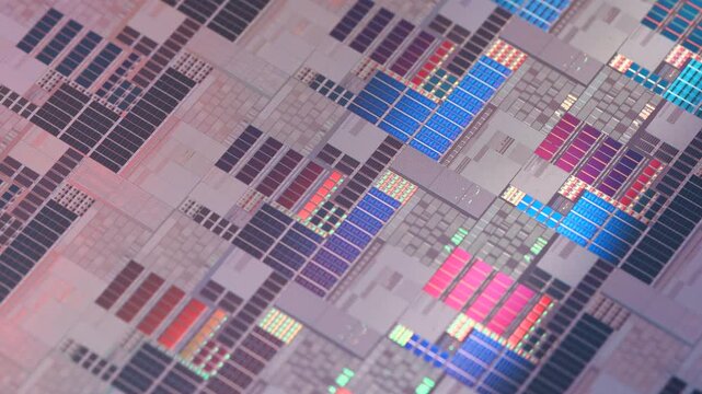 Silicon Wafers with microchips reflecting different colors., integrated circuits to manufacture CPU and GPU