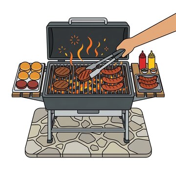 Hand using metal tongs to flip burger patties on a charcoal grill with sausages and buns on side trays