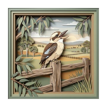 Paper craft kookaburra bird perched on a wooden fence in a layered Australian outback landscape with eucalyptus branches