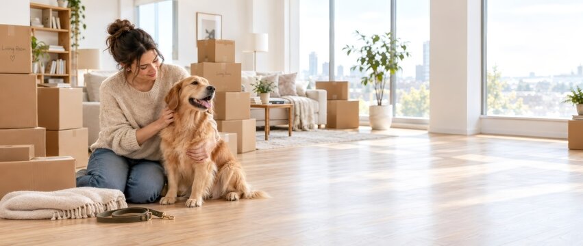Woman petting golden retriever beside moving boxes in a new home. Moving day with a beloved family dog. Home relocation, companionship and pet care. Fresh start and domestic life.