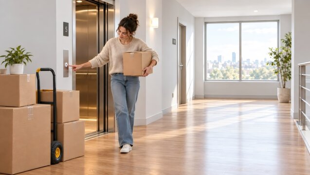 Woman carrying cardboard box and pressing elevator button in apartment corridor. Moving into a new home. Relocation, delivery and urban living. Residential move and unpacking