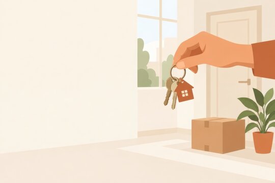 Hand holding house key beside front door in bright empty interior. Moving into a new home. Homeownership, relocation and property access concept. Residential security and housing