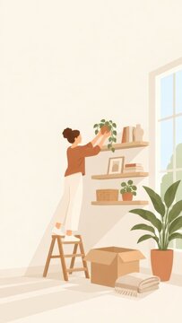 Woman arranging a potted plant on a shelf in a bright living room. Indoor gardening and home plant care. Houseplant styling, cozy domestic lifestyle. Moving and unpacking a home.