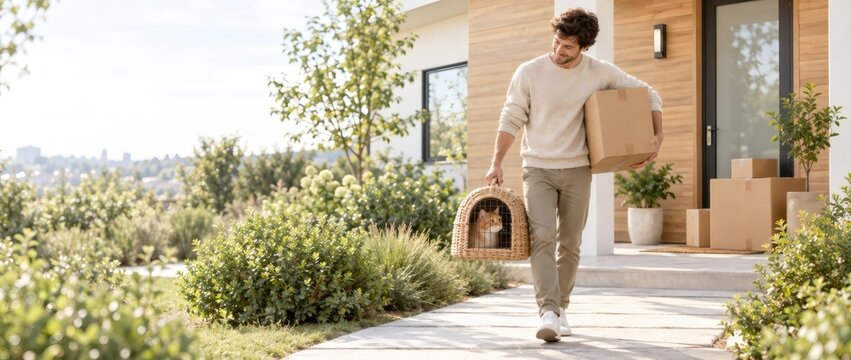 Man carries a cat in a pet carrier and moving box outside a modern home. Moving to a new home with a pet. Relocation, packing and domestic life. Residential move and pet care concept.