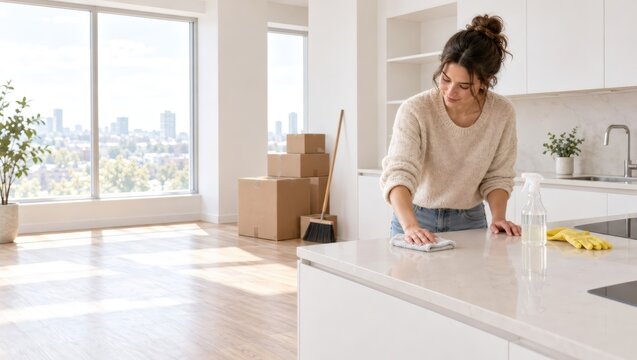 Woman wiping kitchen counter in bright apartment with moving boxes. House cleaning and domestic chores. Moving home and settling into a new place. Household upkeep, fresh start and everyday