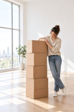 Woman unpacking a stack of cardboard boxes in a bright modern apartment. Moving to a new home and settling in. Relocation, household transition and fresh start concept.