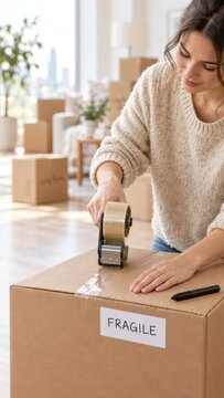Woman sealing cardboard box with packing tape in bright home. Moving and relocation preparation. Online shopping orders, shipping and delivery. Household packing and small business