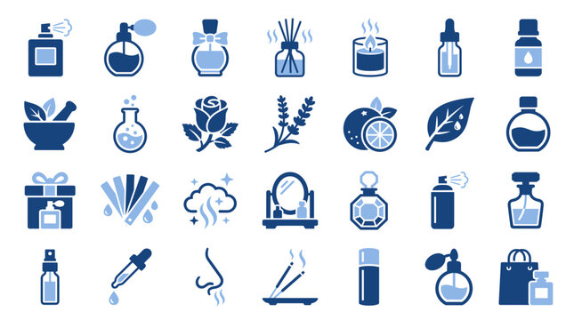 Fragrance and aroma flat duotone vector icon set showing eau de toilette spray, vintage atomizer, bow perfume flask, diffuser sticks, candle, serum dropper, botanical herbs, rose and vanity mirror