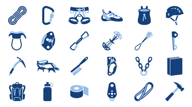 Rock climbing gear flat duotone vector icon set with coiled rope, carabiner, harness, climbing shoes, chalk bag, helmet, belay device, quickdraw, cam, nut tool, ice axe, crampons, sling and pulley