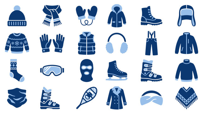 Cold weather apparel flat duotone vector icon set showing knit beanie, striped scarf, mittens on string, fur hood parka, snow boot, trapper hat, nordic sweater, down vest, ski pants and neck gaiter