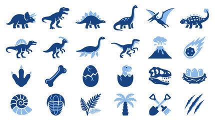 Dinosaurs flat duotone vector icon set with triceratops, t rex, stegosaurus, brontosaurus, pterodactyl, ankylosaurus, spinosaurus, plesiosaur, raptor, volcano, meteor, fossil bone, egg and trilobite © Iconique Studio