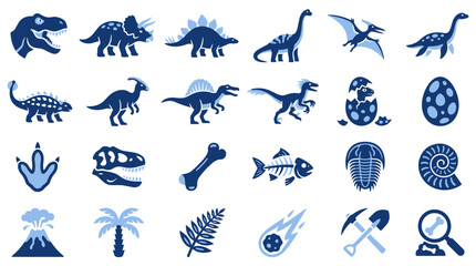 Prehistoric dinosaur flat duotone vector icon set showing t rex head, triceratops, stegosaurus, long neck sauropod, pterosaur, plesiosaur, spotted egg, fossil skull, fish skeleton and pickaxe © Iconique Studio