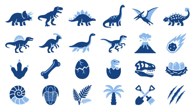 Dinosaurs flat duotone vector icon set with triceratops, t rex, stegosaurus, brontosaurus, pterodactyl, ankylosaurus, spinosaurus, plesiosaur, raptor, volcano, meteor, fossil bone, egg and trilobite
