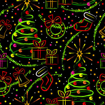 Seamless pattern with Christmas tree, garlands, holiday symbols, decorations, scattered stars. Outline illustrations stylized in grunge style. Neon fluorescent colors on black.