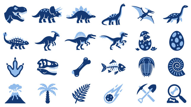 Prehistoric dinosaur flat duotone vector icon set showing t rex head, triceratops, stegosaurus, long neck sauropod, pterosaur, plesiosaur, spotted egg, fossil skull, fish skeleton and pickaxe