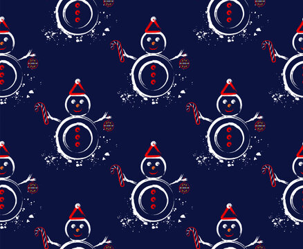 Seamless pattern with celebrating Snowman character holding candy cane, bauble. Outline icons in grunge style. Geometric alternating arrangement High contrast design for Christmas, New Year holiday