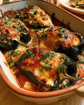 baked stuffed poblano peppers with melted golden cheese and fresh parsley garnish served hot in ceramic casserole dish delicious authentic mexican chiles rellenos comfort food dinner idea