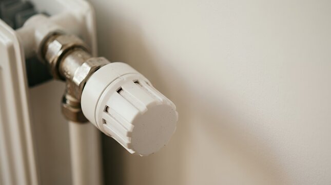 White radiator thermostat valve knob on a clean wall with copy space