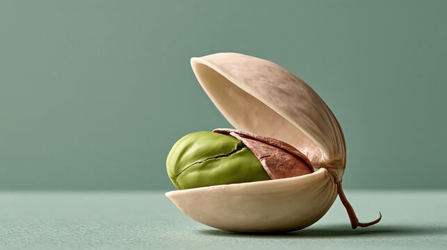 Giant pistachio cracking open its shell like a tiny door, gourmet nut snack and delicatessen advertising