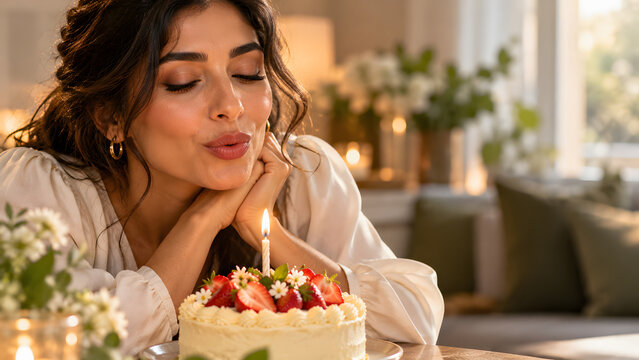 Woman in a light blouse blows toward a lit candle on a birthday cake decorated with strawberries. Her face fills the frame against a softly blurred home interior, in an intimate celebration setting.