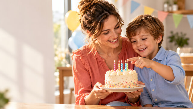 Woman and young boy smile over a decorated birthday cake topped with colorful candles. They lean close together in a sunlit room with pastel party decorations, under gently diffused natural daylight.