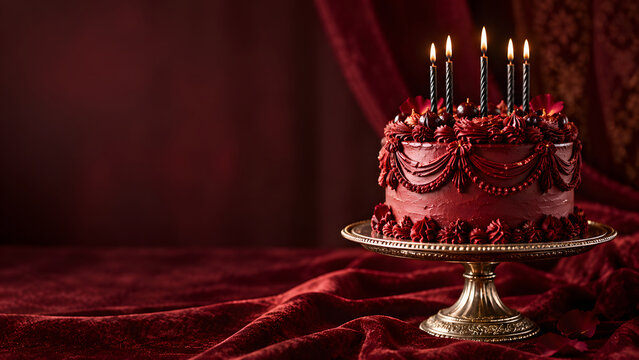 Dark burgundy birthday cake with elaborate decorative icing and several burning candles sits on an ornate gold cake stand, surrounded by red velvet fabric in a dramatic low light studio arrangement.
