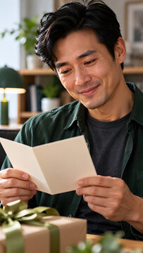 Man with dark hair smiles while reading an open birthday greeting card near a wrapped present. A soft indoor background frames his upper body and the paper card, in an intimate celebration setting.