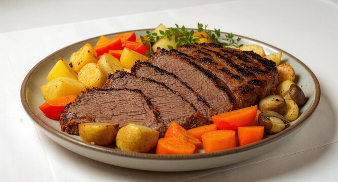 Slices of grilled beef steak served on a ceramic plate with roasted potatoes, carrots, mushrooms, and fresh herbs, arranged beautifully on a clean white tablecloth backdrop