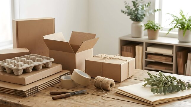 Eco Friendly Sustainable Packaging Supplies for Shipping and Sustainable Gift Wrapping Setup on a Wooden Table
