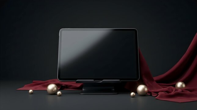 Elegant Digital Tablet Display Screen Featuring Luxury Maroon Drapery and Decorative Metallic Spheres for Sophisticated Technology Presentations