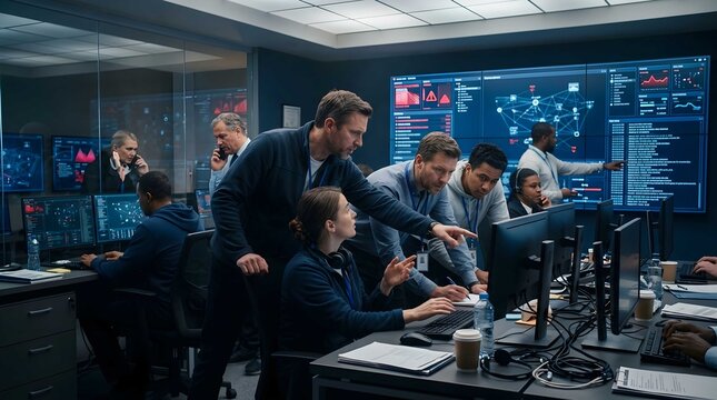 A Team of Dedicated Cybersecurity Professionals Collaborating in a High-Tech Security Operations Center Monitoring Digital Networks