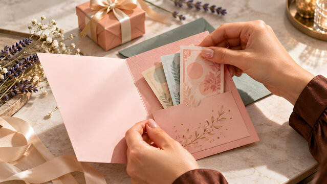 Hands place banknotes inside a pink birthday greeting card on a decorated table, beside a wrapped present and cream envelope, illustrating a simple cash gift prepared for a celebration.