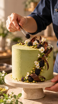 Pastry chef in dark clothing carefully places a small garnish on a tall green celebration cake, decorated with dark berries, chocolate shapes and flowers in a bright kitchen setting.
