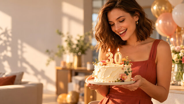 Woman wearing a terracotta dress holds a floral birthday cake with golden number thirty candles, smiling down at the dessert in a sunlit home with blurred balloons and warm celebratory decorations.